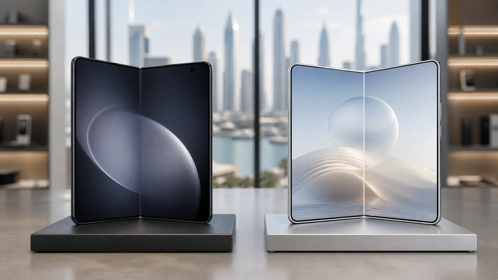 Conceptual foldable phone beside an available foldable in a Dubai electronics shop