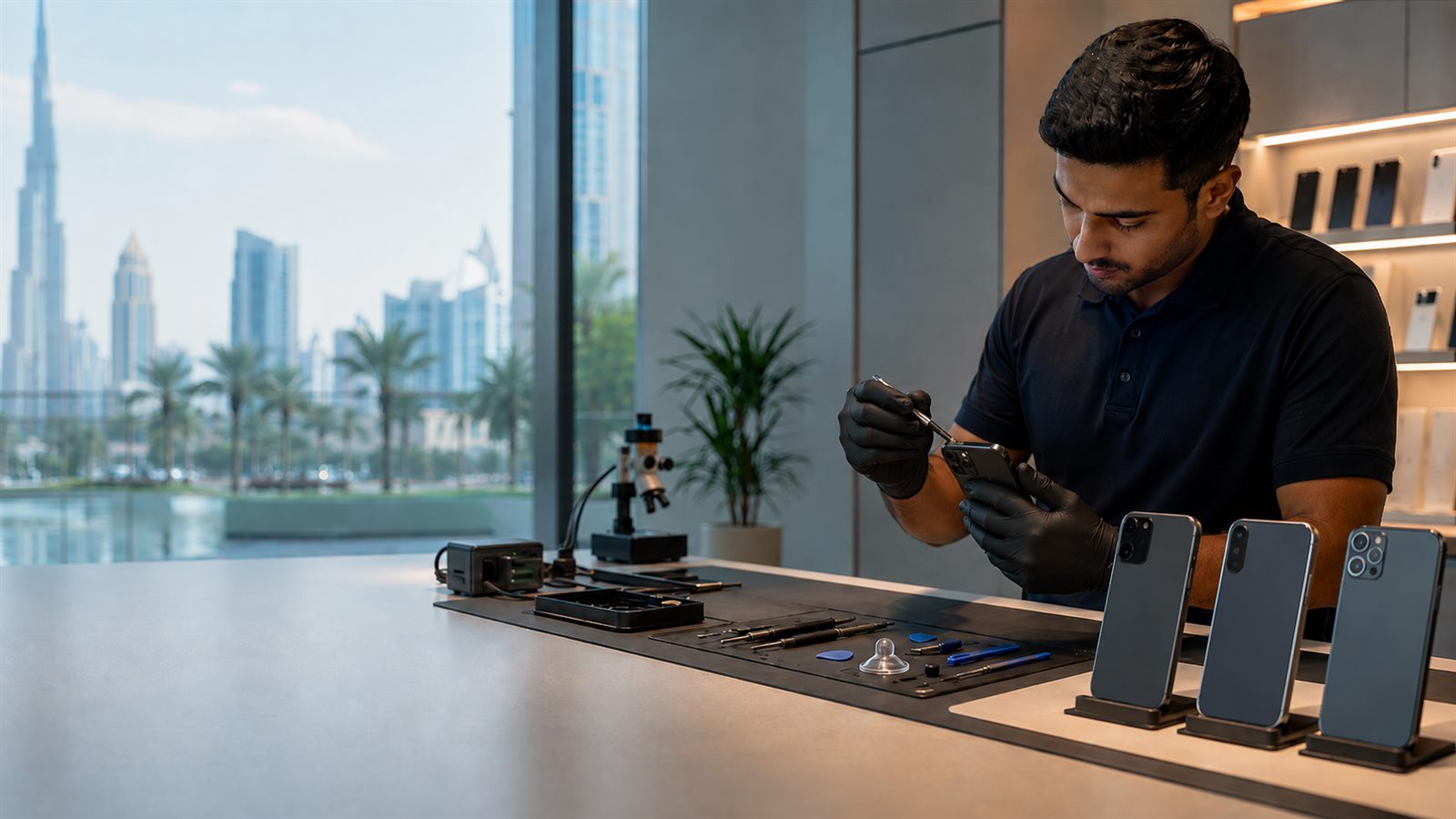 Technician providing smartphone device care in a modern Dubai workspace